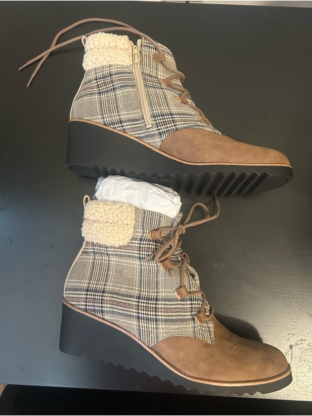 New- Wedge Plaid Lace-Up Ankle Boots with Sherpa Collar - Brown. Size 12m